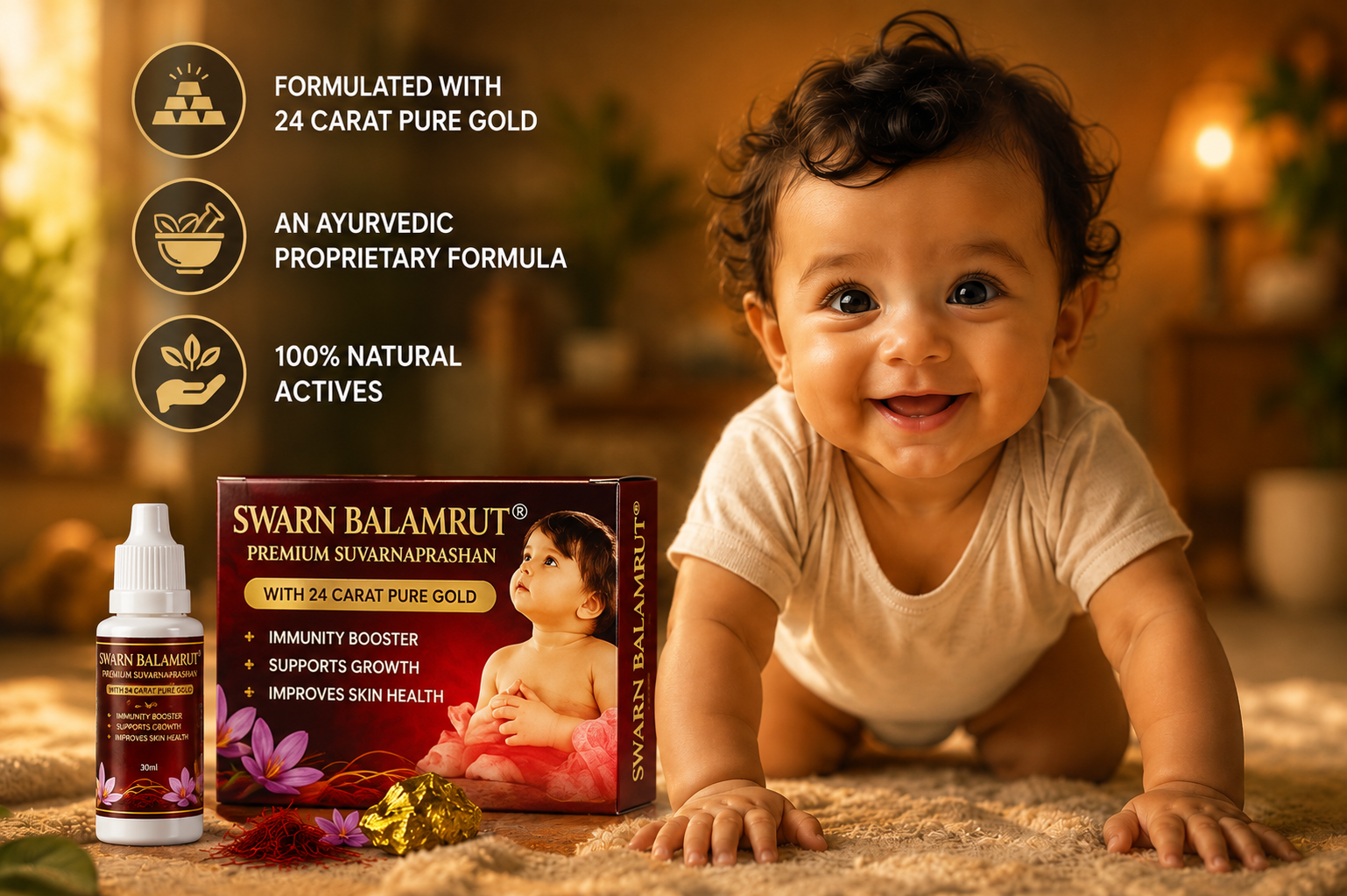 Premium Suvarnaprashan Drops for kids with 24 Carat Pure Gold (Swarna Bhasma) | Ayurvedic Immunity Support for Children | FDA Approved (0 to 16 years) - 10 ml (Pack of 1)
